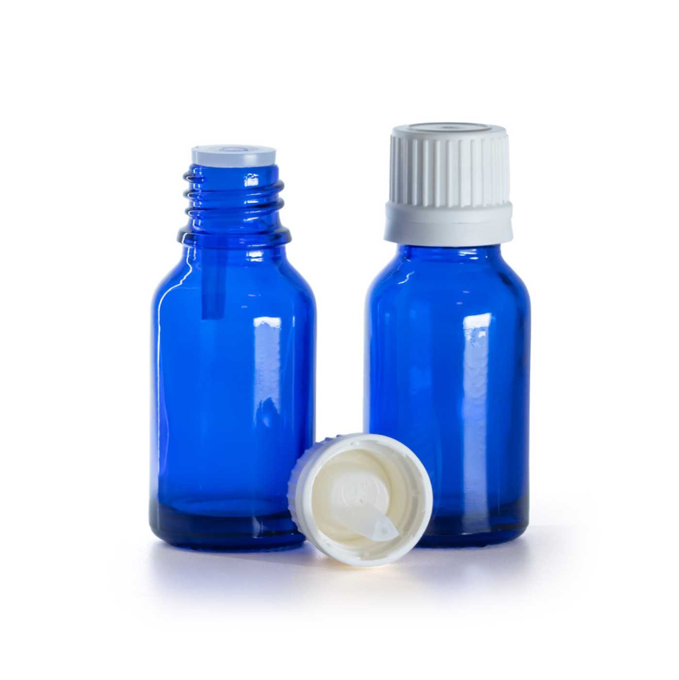 Blaue Glasfläschchen, weiße child-resistant Verschluss mit Tropfeinsatz, 15 ml