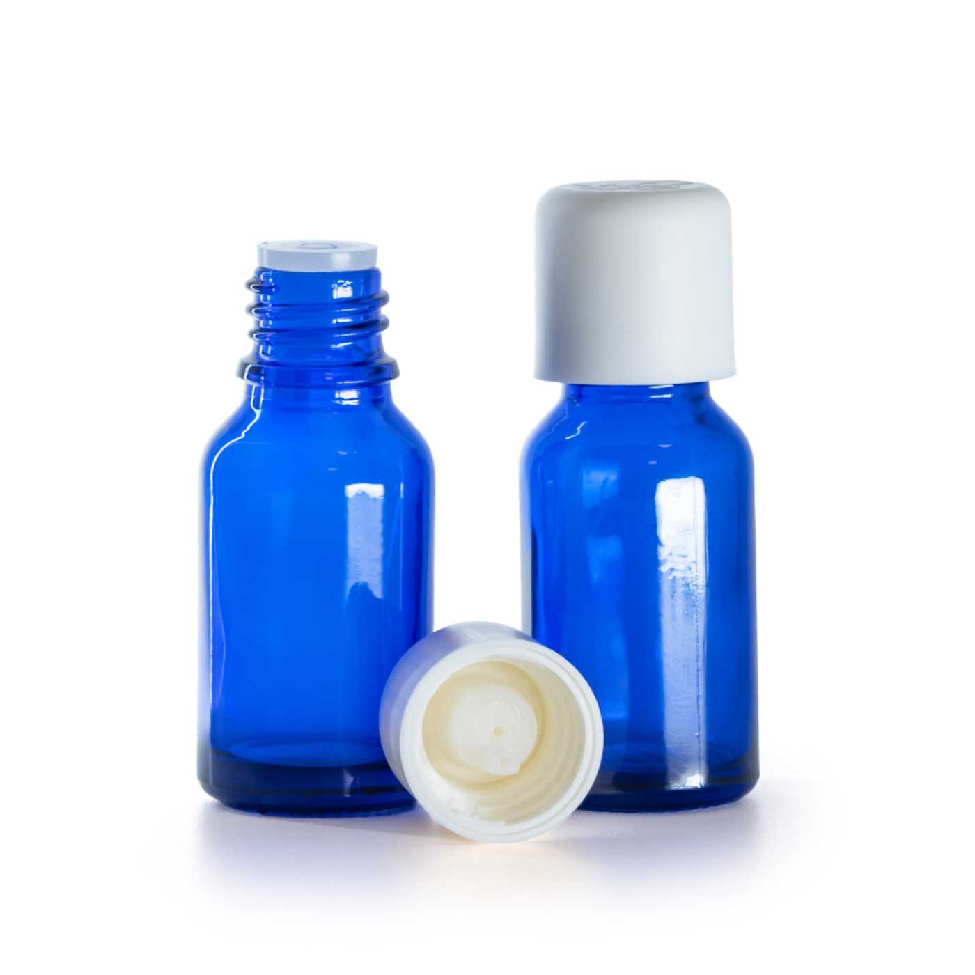 Blaue Glasflasche mit weißer Sicherheitskappe und Tropfer 15 ml