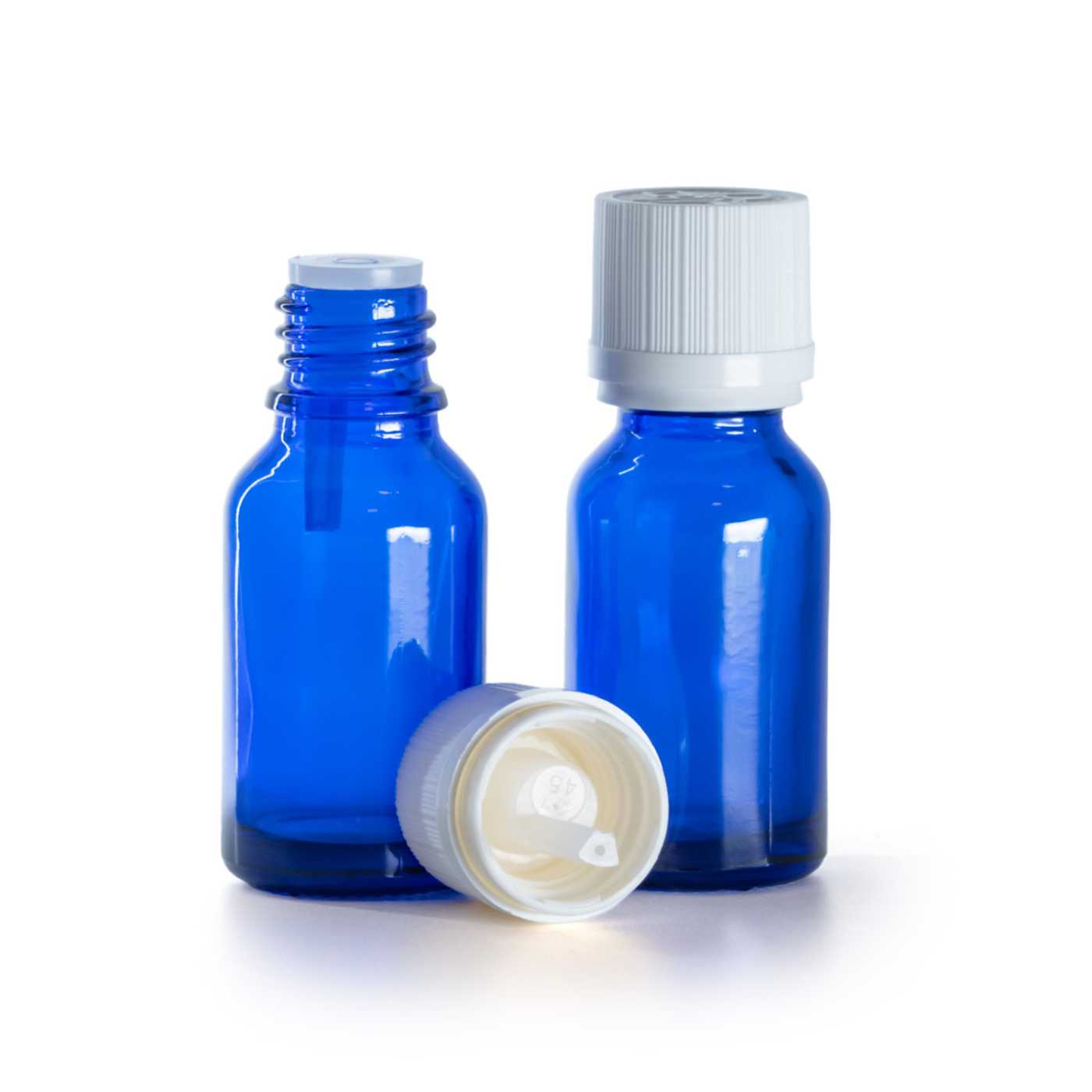 Butelka szklana, niebieska, biała nakrętka ryflowana z zabezpieczeniem, 15 ml