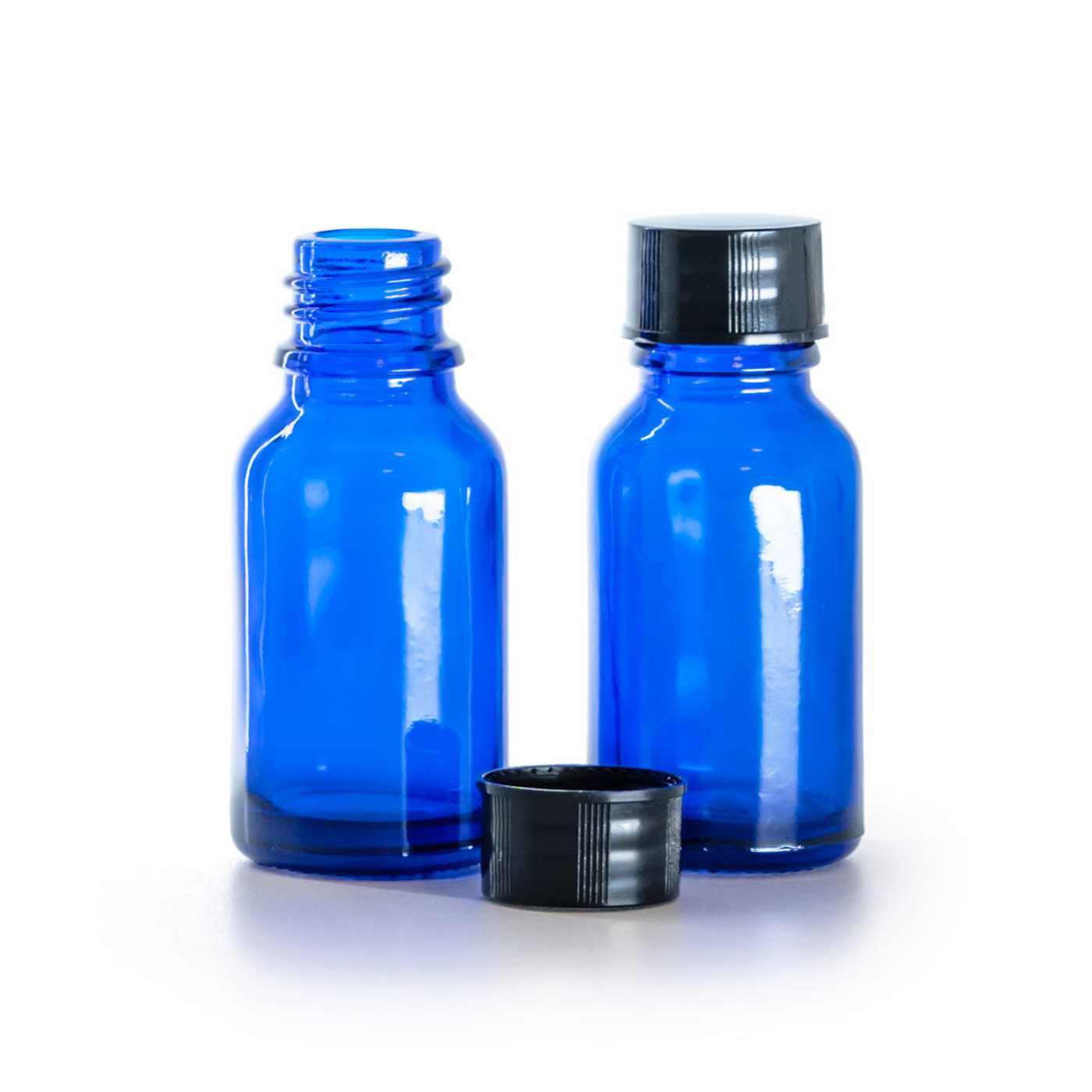 Blaue Glasflasche mit schwarzem Verschluss 15 ml