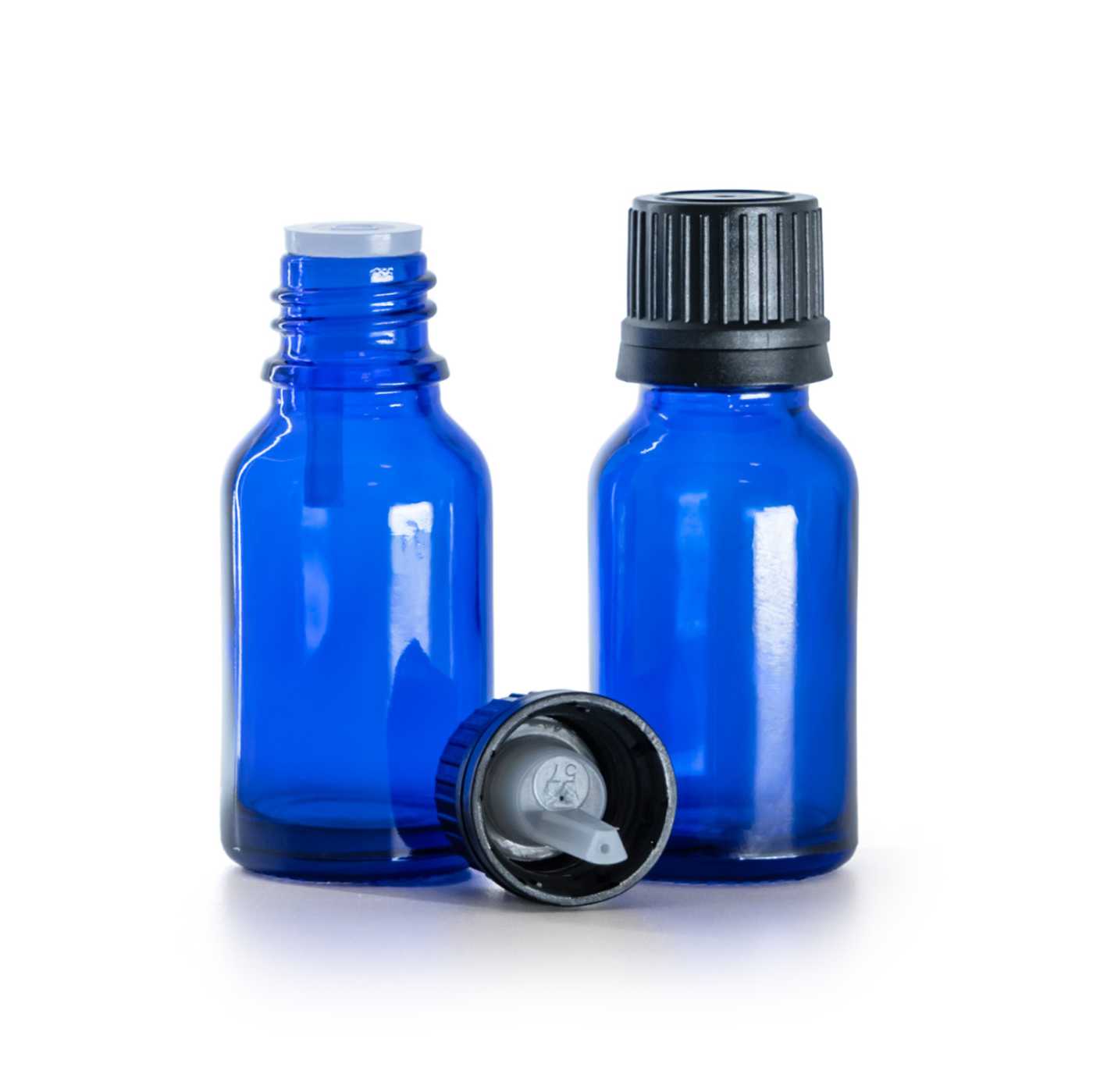 Butelka szklana, niebieska, czarna nakrętka z kroplomierzem, 15 ml