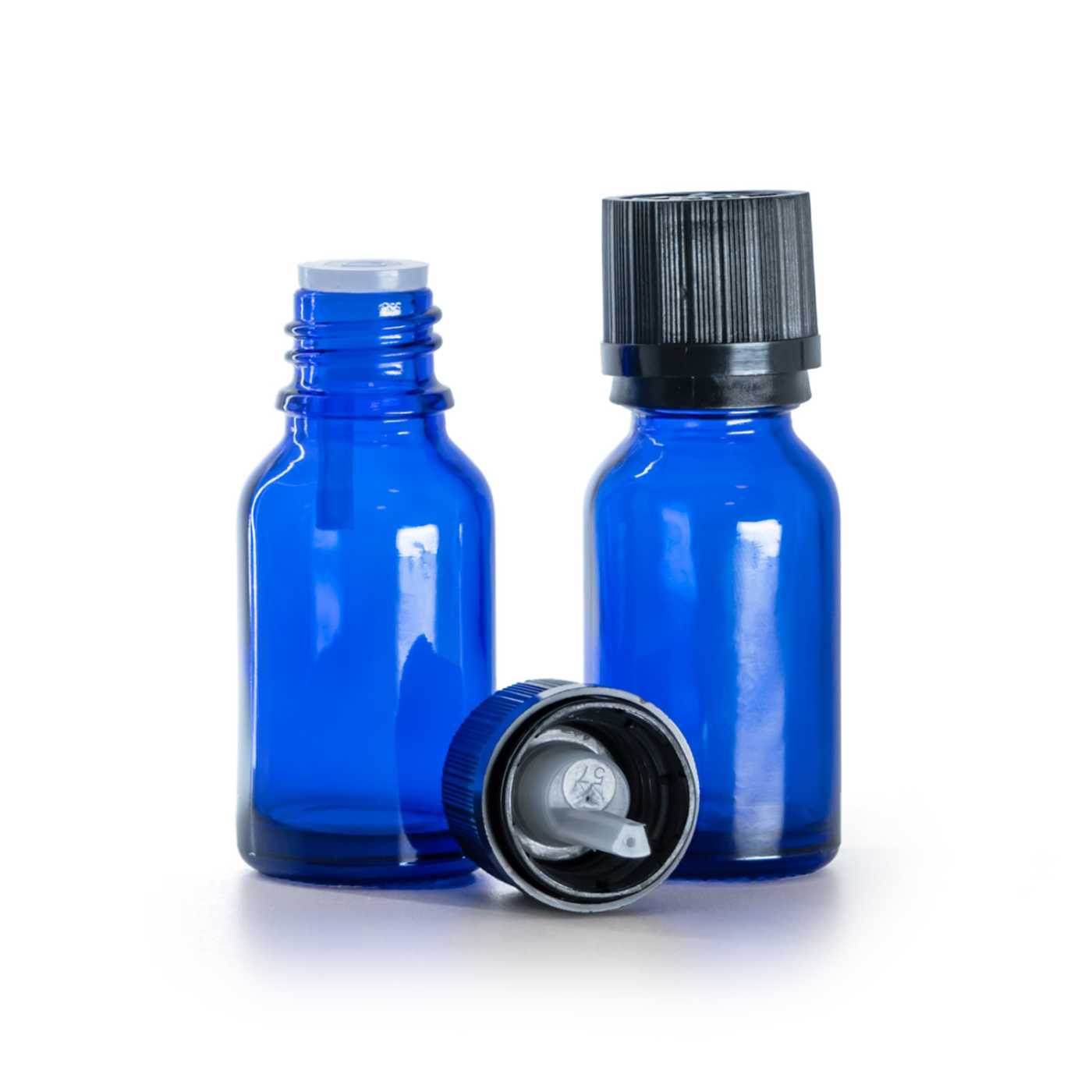 Butelka szklana, niebieska, czarna nakrętka ryflowana z zabezpieczeniem, 15 ml
