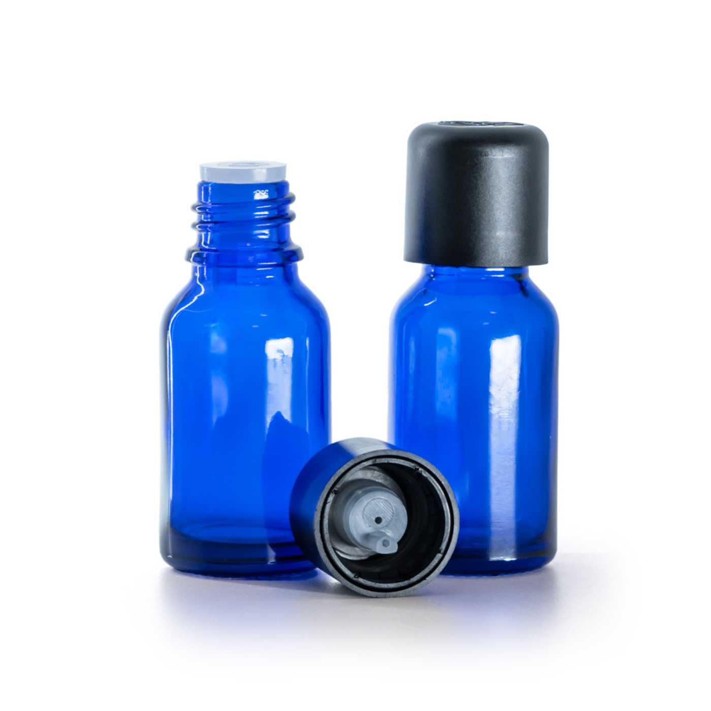 Blaue Glasflasche 15 ml mit schwarzem Originalitätsverschluss