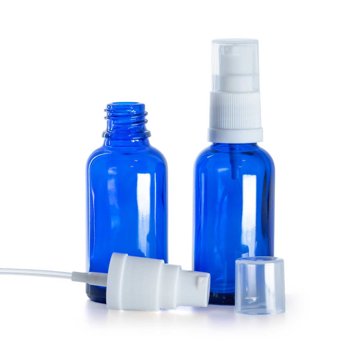 Flacon en verre bleu, pompe lotion blanche, 30 ml