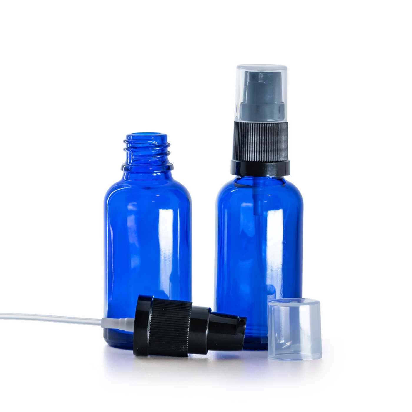 Modrá skleněná lahvička s dávkovačem krému 30 ml