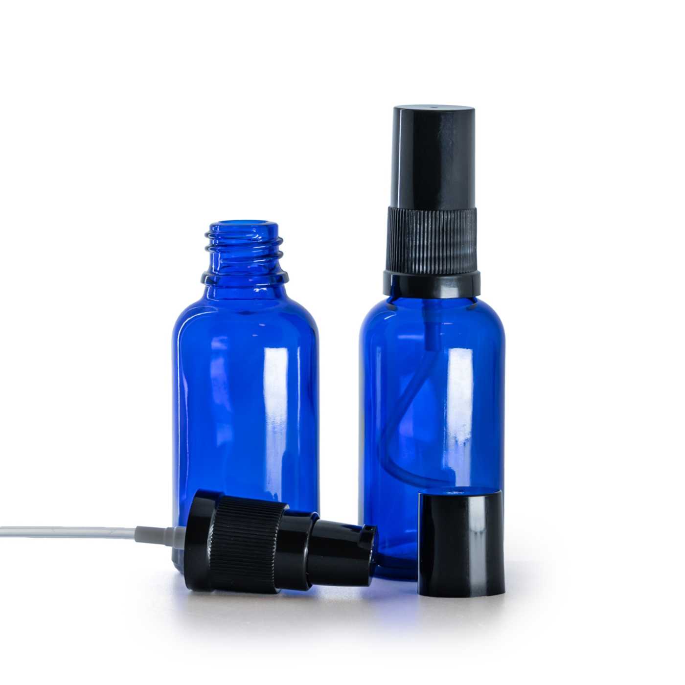 Blaue Glasflasche mit schwarzem Lotionpumpspender und schwarzer Kappe, 30 ml
