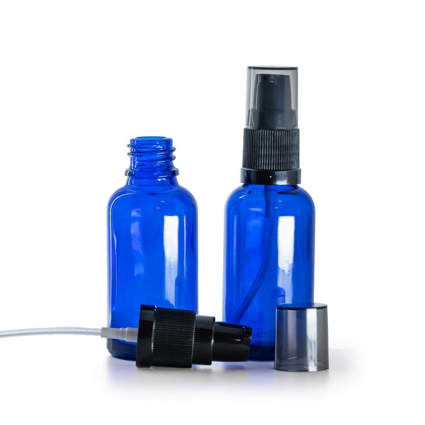 Butelka szklana, niebieska, pompka do kremów z przydymionym kapturkiem, 30 ml