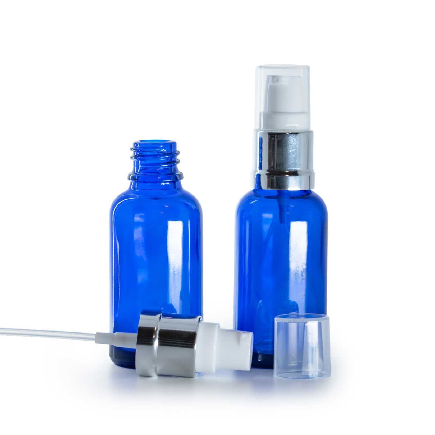 Blaue Glasflasche, glänzender weiß-silberner Spender, 30 ml