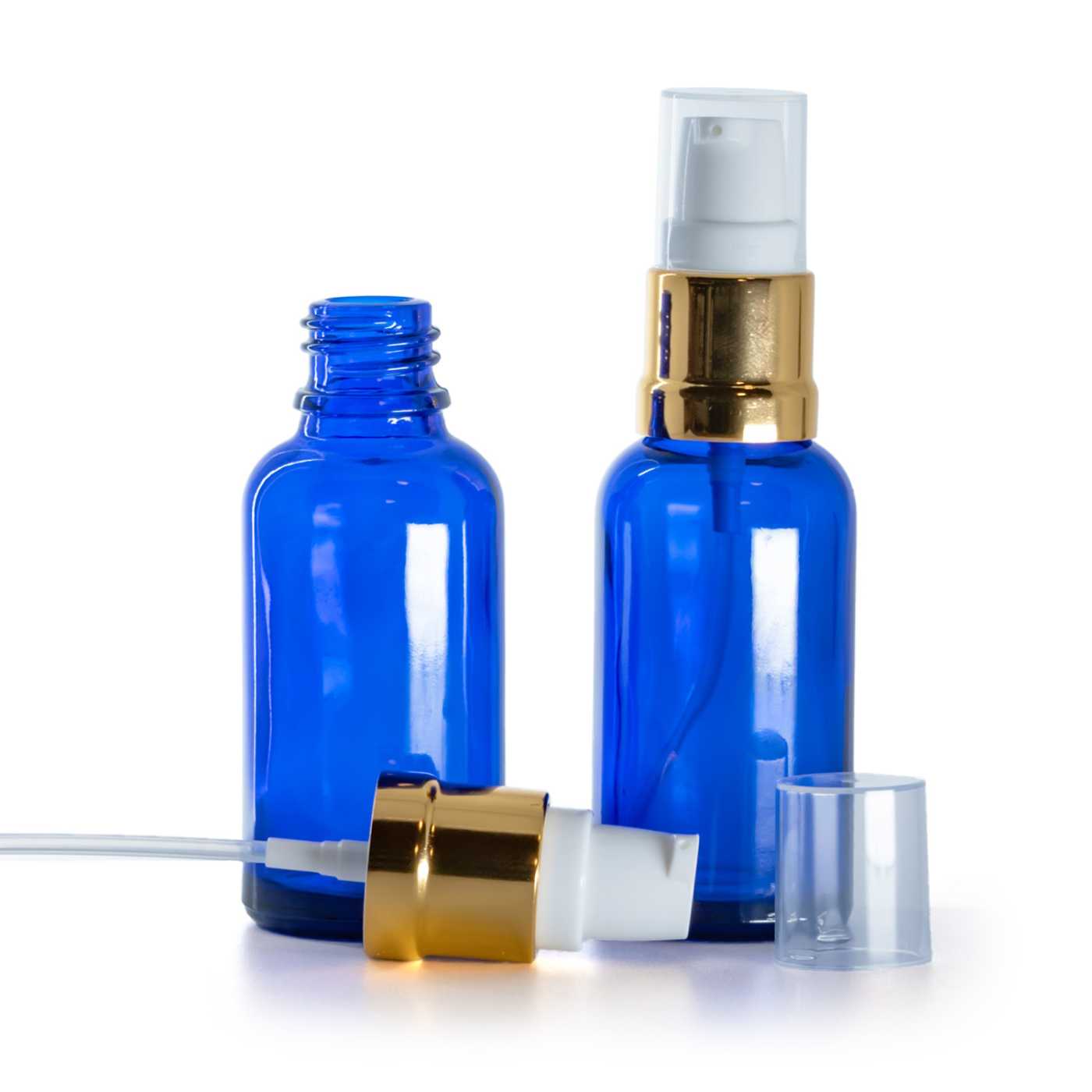 Blaue Glasflasche, glänzender weiß-goldener Spender, 30 ml