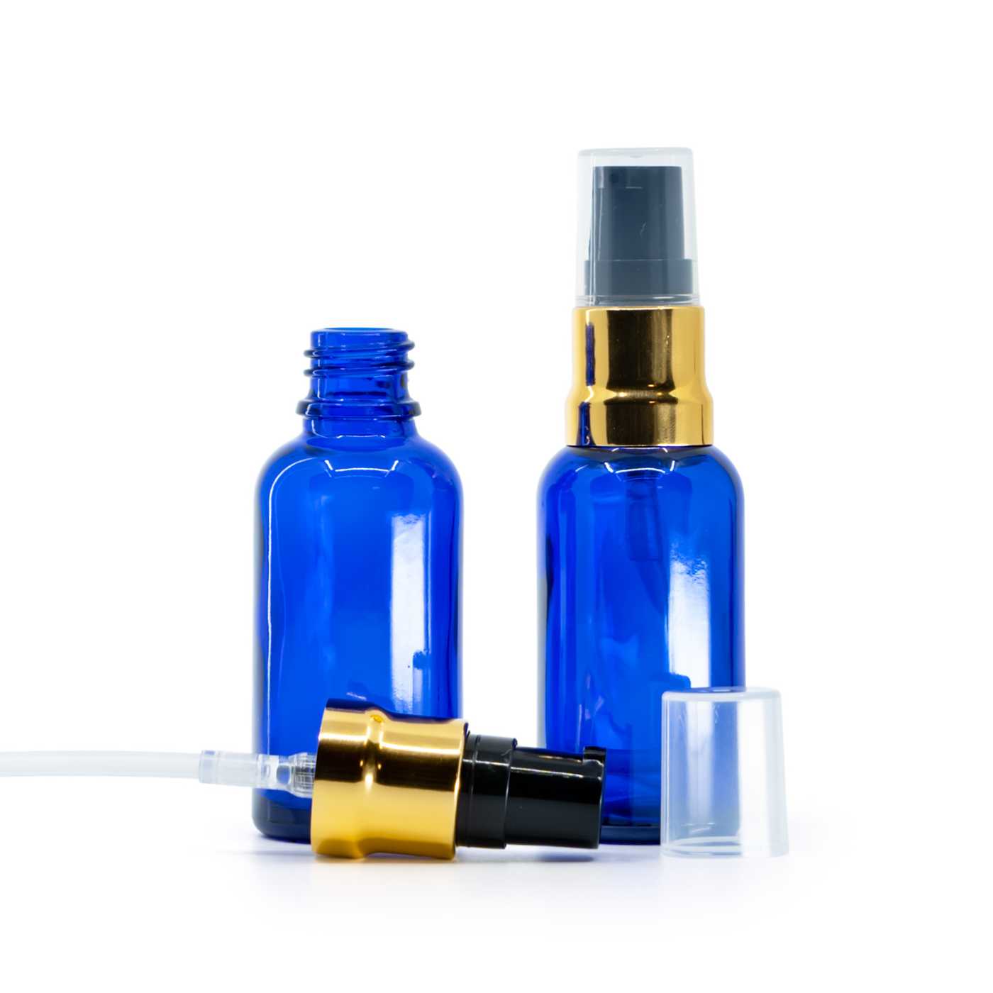Blaue Glasflasche, Glanzpumpe Schwarz-Gold mit transparentem Überkappe, 30 ml