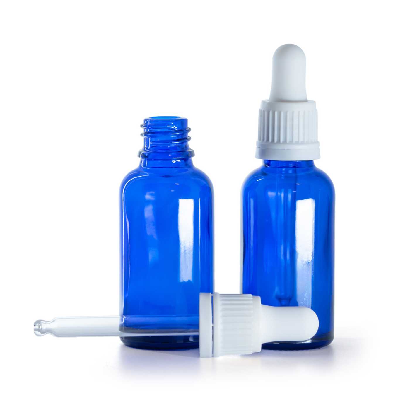 Blaue Glasflasche mit weißer Pipette 30 ml