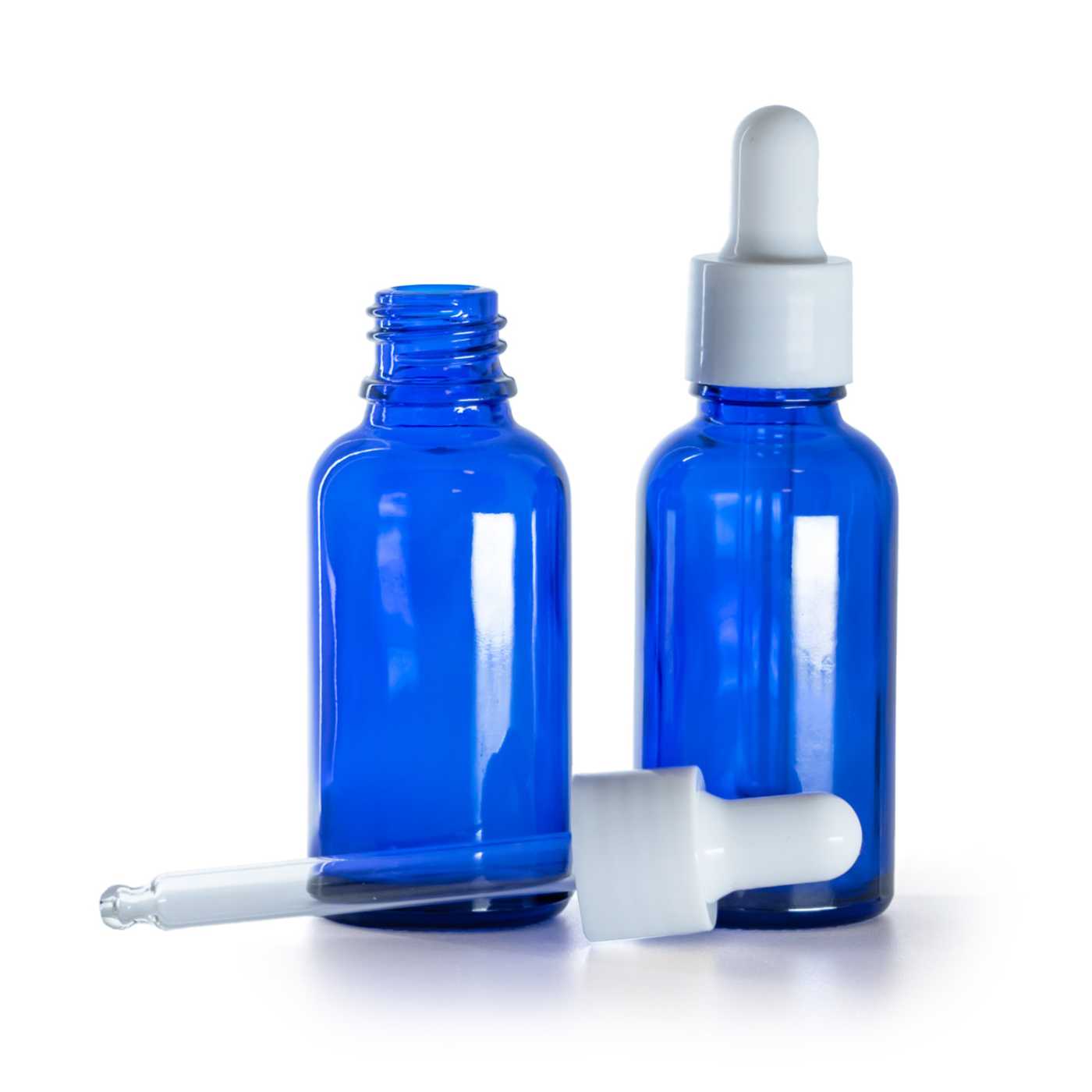 Blaue Glasflasche mit glänzender weißer Pipette, 30 ml