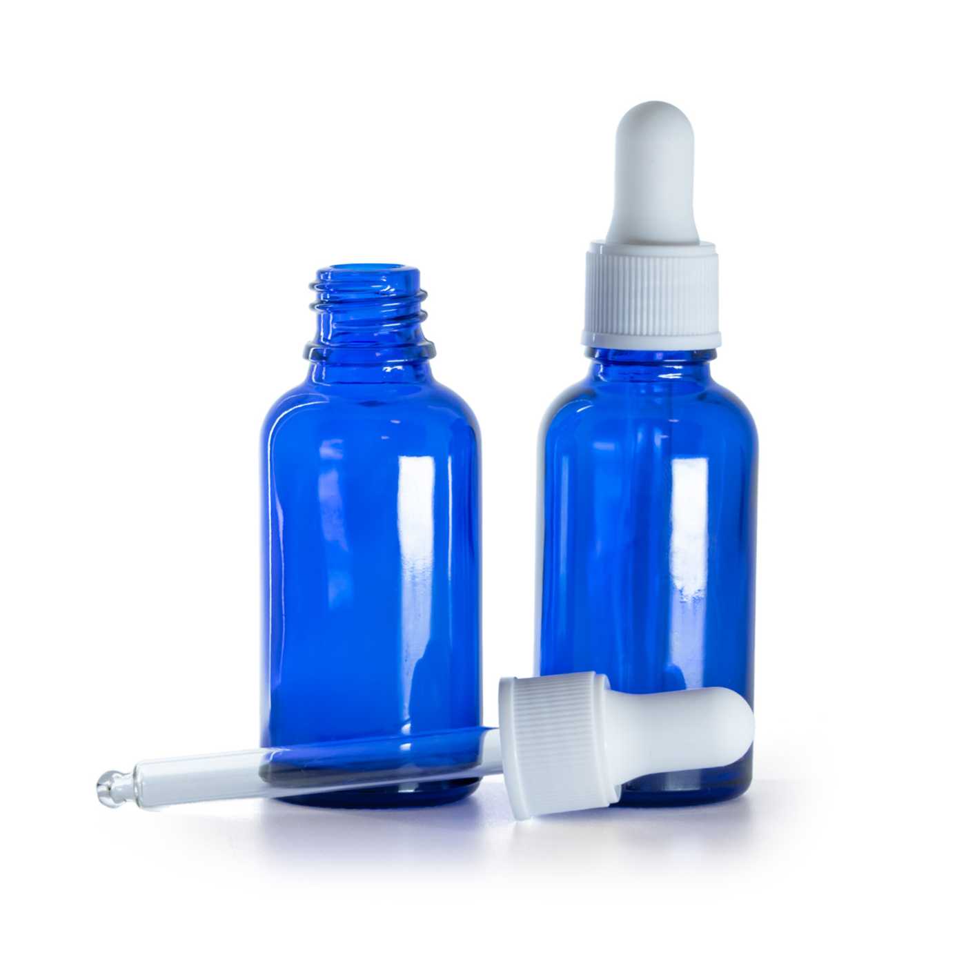 Blaue Glasflasche mit mattem weißen Tropfer 30 ml
