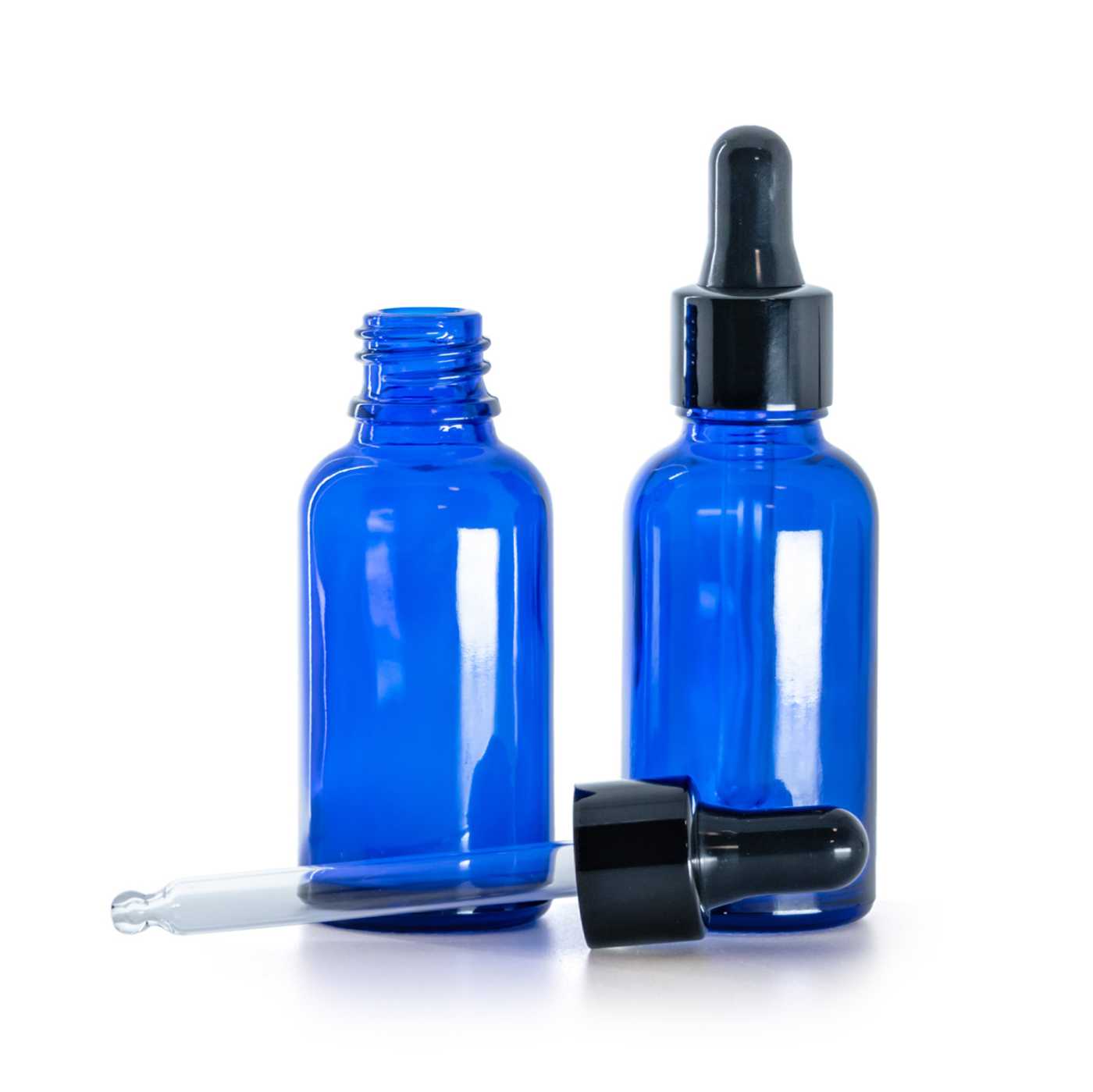 Blaue Glasflasche mit glänzender schwarzer Pipette, 30 ml
