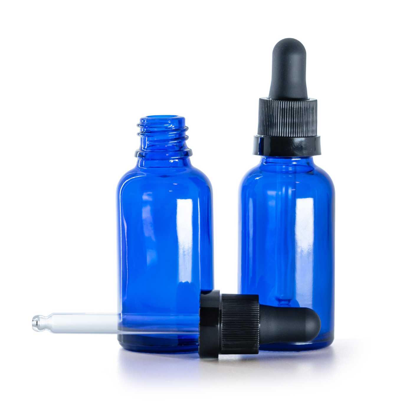 Butelka szklana, niebieska, czarny kroplomierz z błyszczącym paskiem, 30 ml
