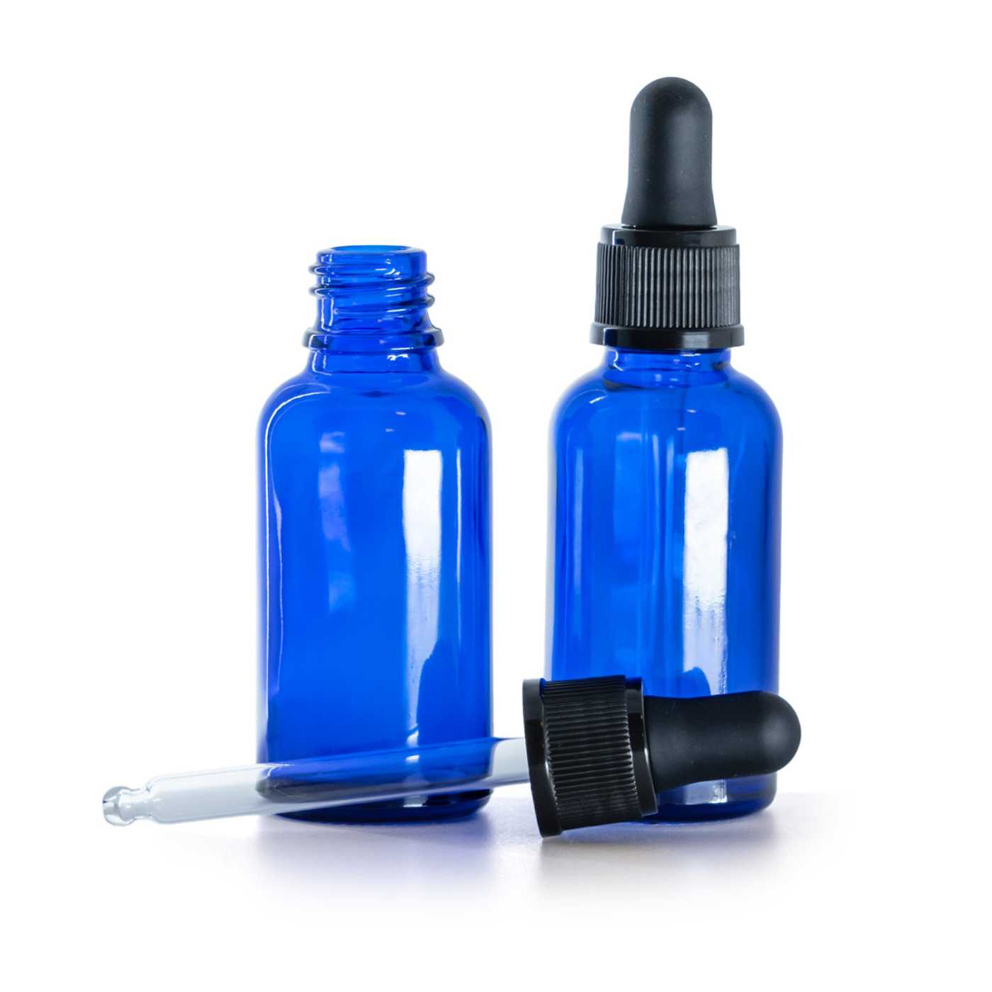 Blaue Glasflasche, matt schwarzer Tropfer, 30 ml