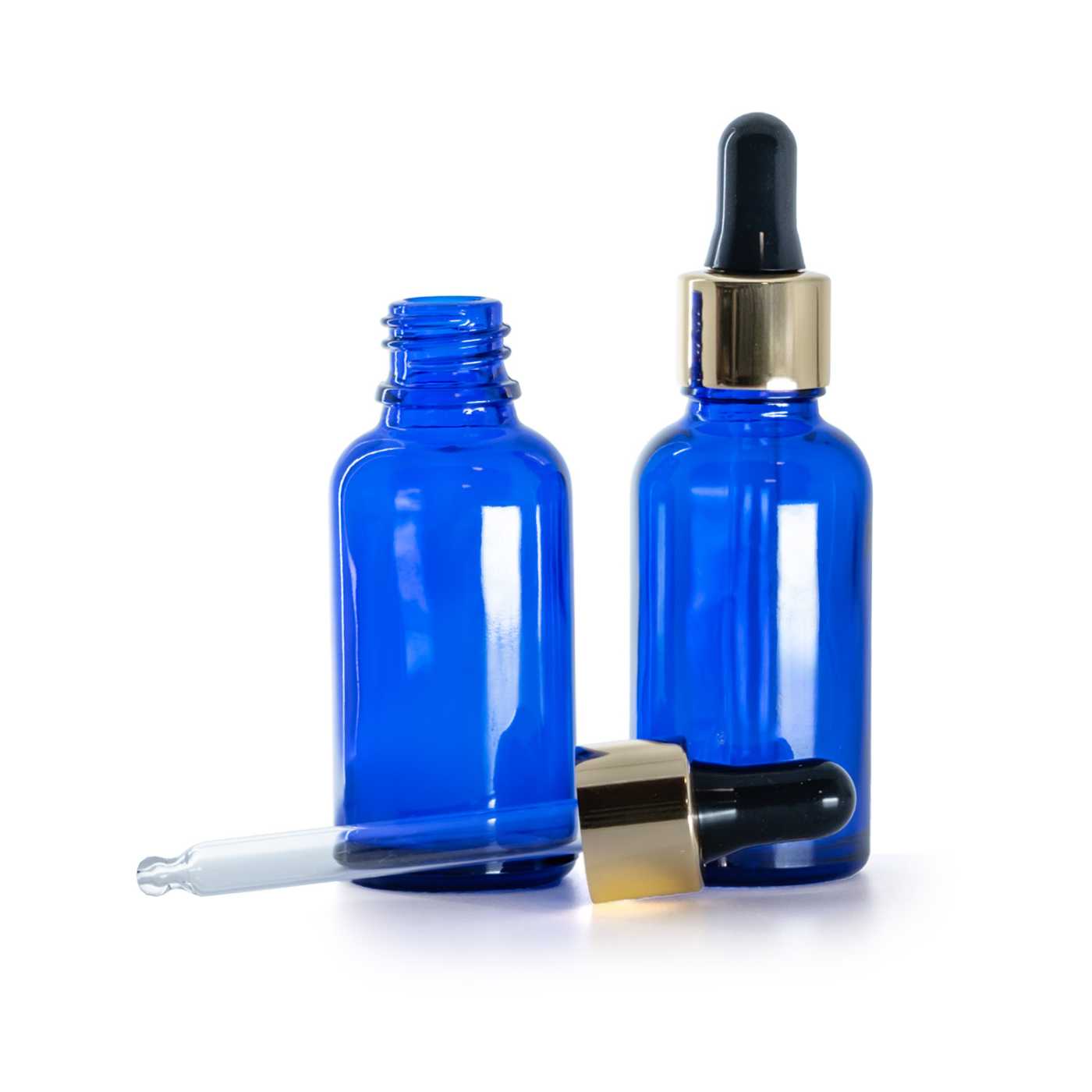 Blaue Glasflasche mit schwarz-goldener Pipette 30 ml