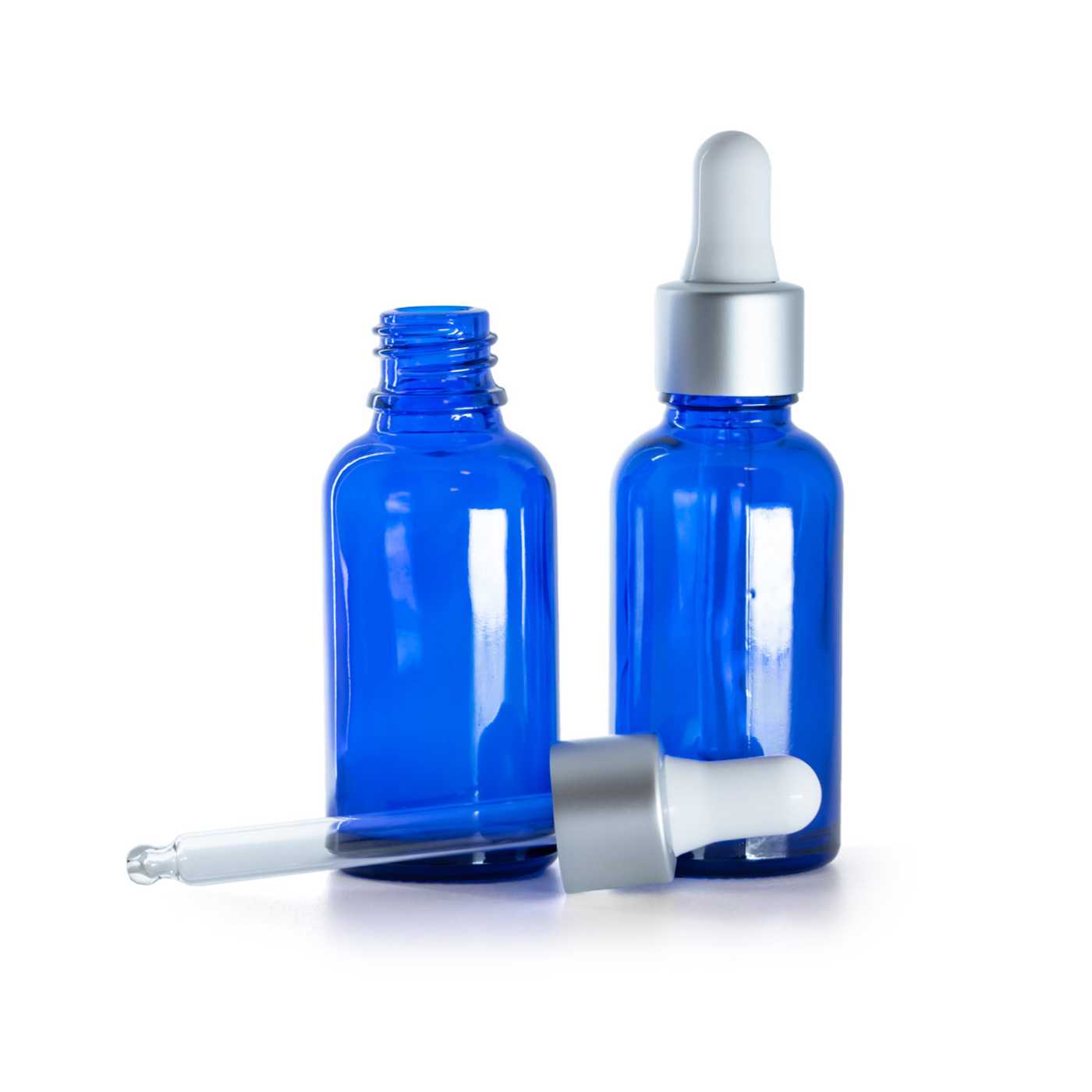 Sklenená fľaška, modrá, strieborné matné kvapátko, 30 ml