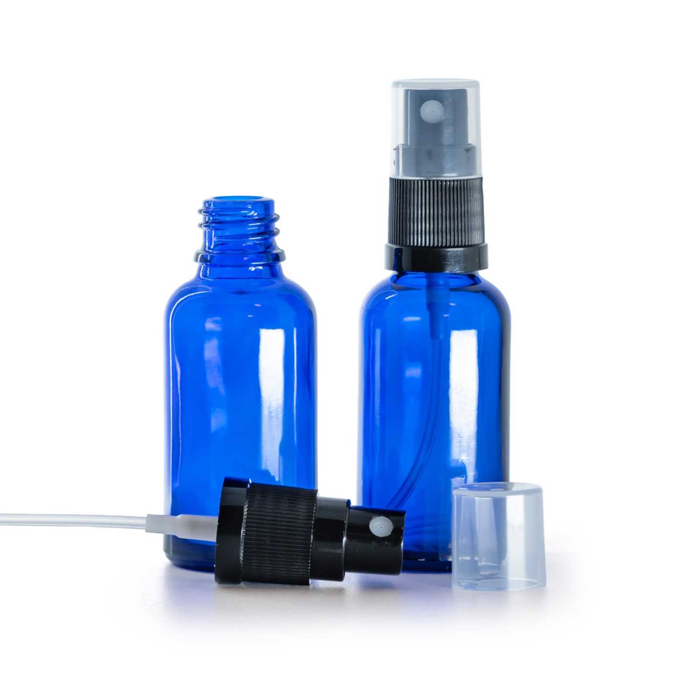 Blaue Glasflasche mit schwarzem Sprühkopf 30 ml