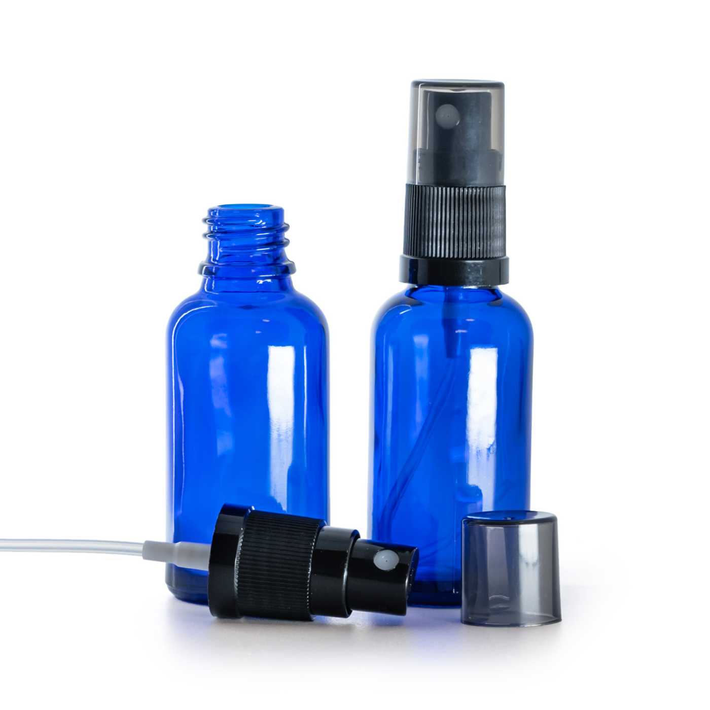 Butelka szklana, niebieska, czarny atomizer, przydymiona nakładka, 30 ml