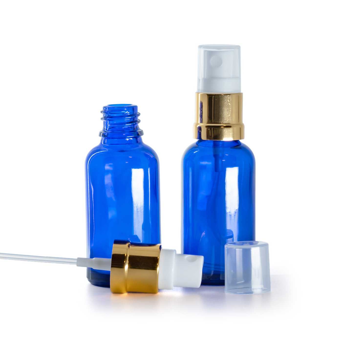 Butelka szklana, niebieska, biało-złoty atomizer, 30 ml