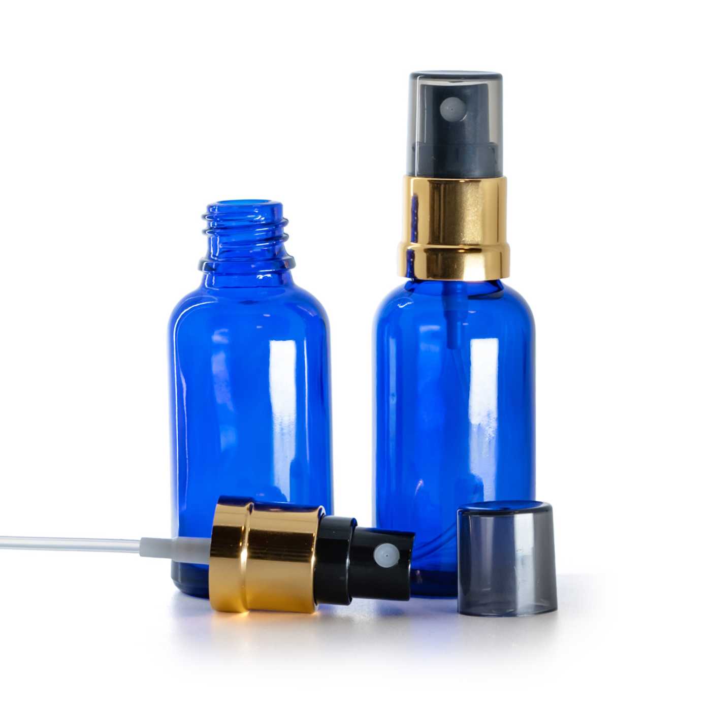 Butelka szklana, niebieska, czarno-złoty atomizer, przydymiona nakładka, 30 ml
