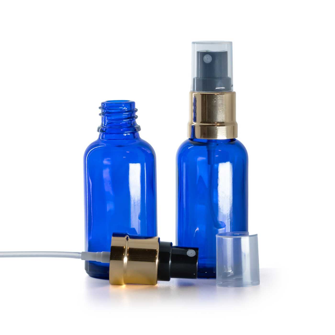 Butelka szklana, niebieska, czarno-złoty atomizer, 30 ml