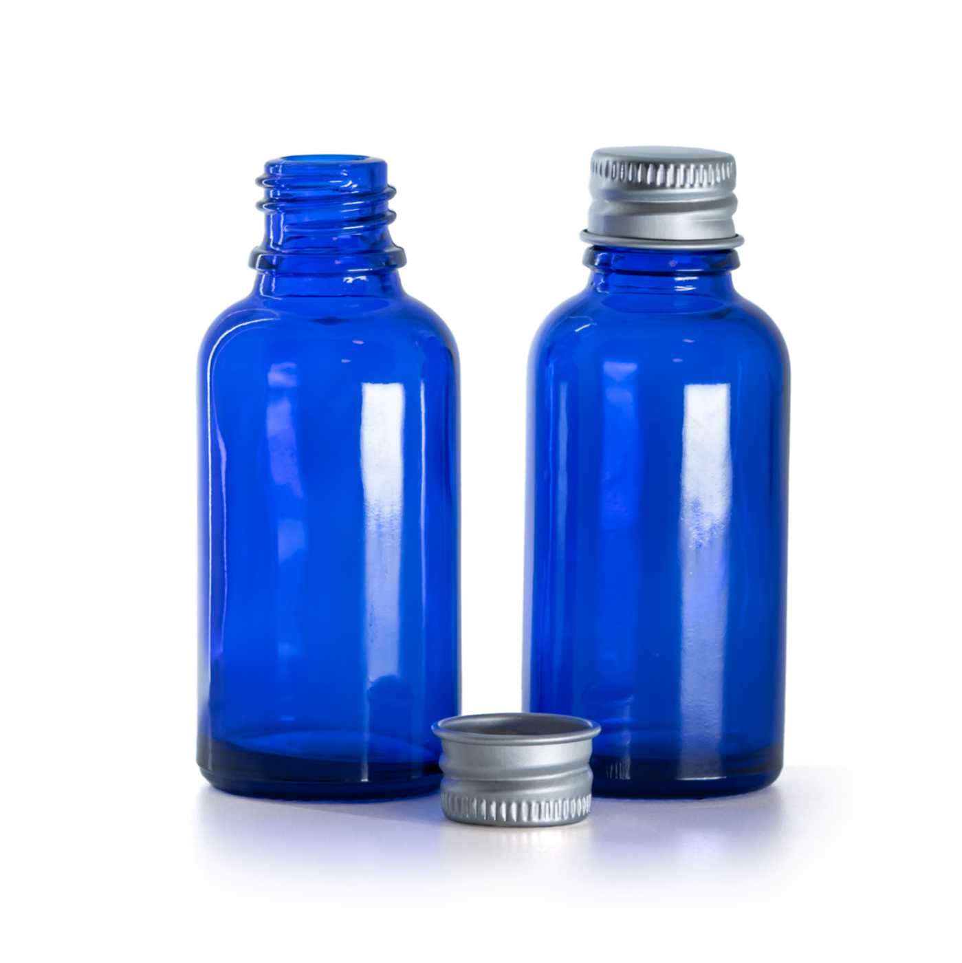 Butelka szklana, niebieska, nakrętka aluminiowa, 30 ml