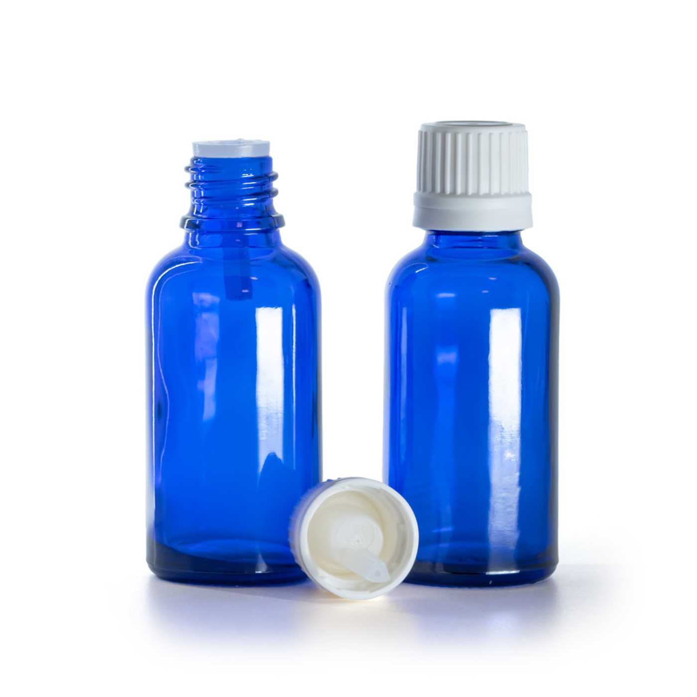 Butelka szklana, niebieska, biała nakrętka z kroplomierzem, 30 ml