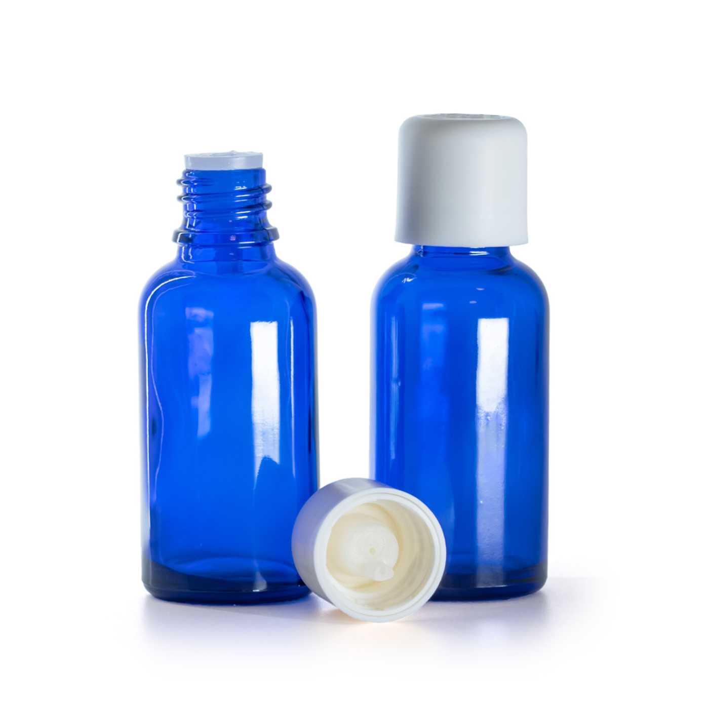 Butelka szklana, niebieska, biała nakrętka z zabezpieczeniem, 30 ml