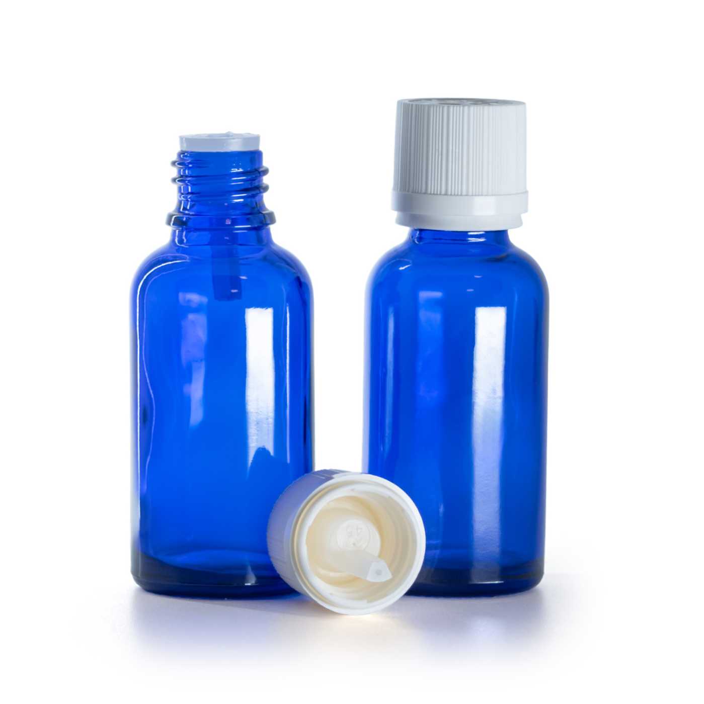 Butelka szklana, niebieska, biała nakrętka ryflowana z zabezpieczeniem, 30 ml