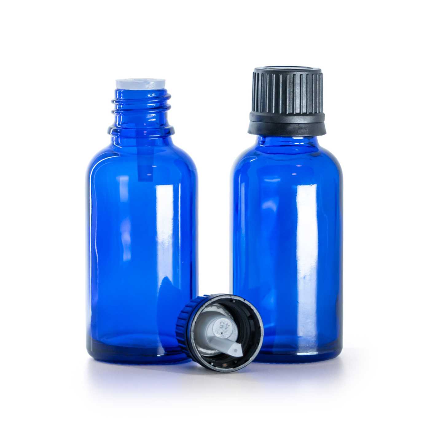 Butelka szklana, niebieska, czarna nakrętka z kroplomierzem, 30 ml