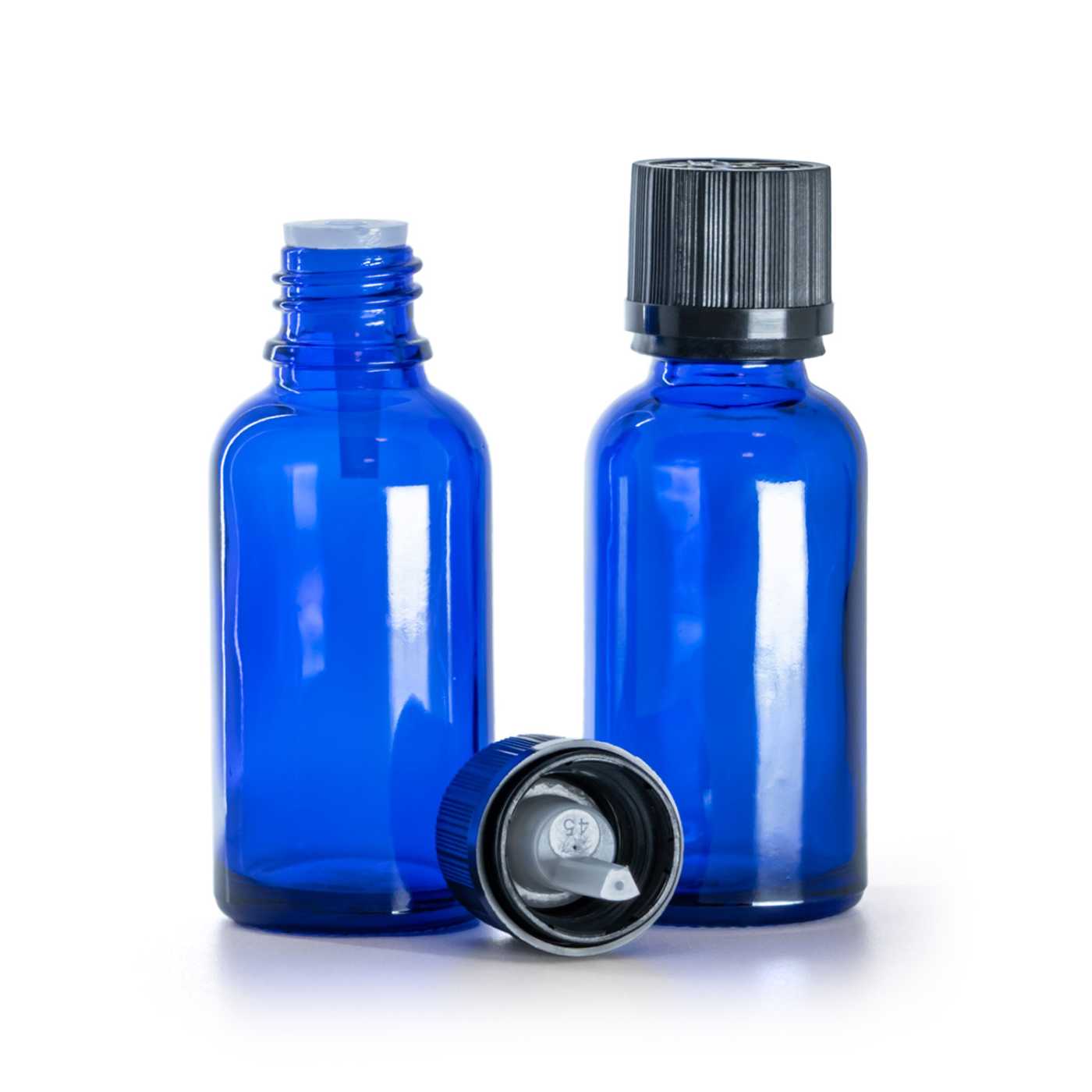 Butelka szklana, niebieska, czarna nakrętka ryflowana z zabezpieczeniem, 30 ml
