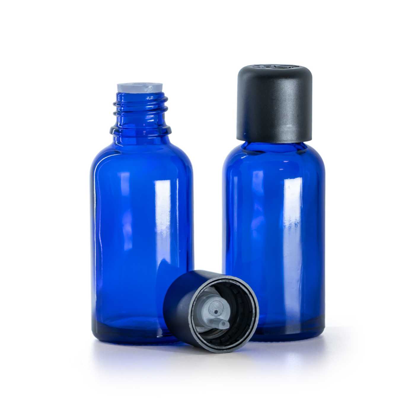 Butelka szklana, niebieska, czarna nakrętka z zabezpieczeniem, 30 ml