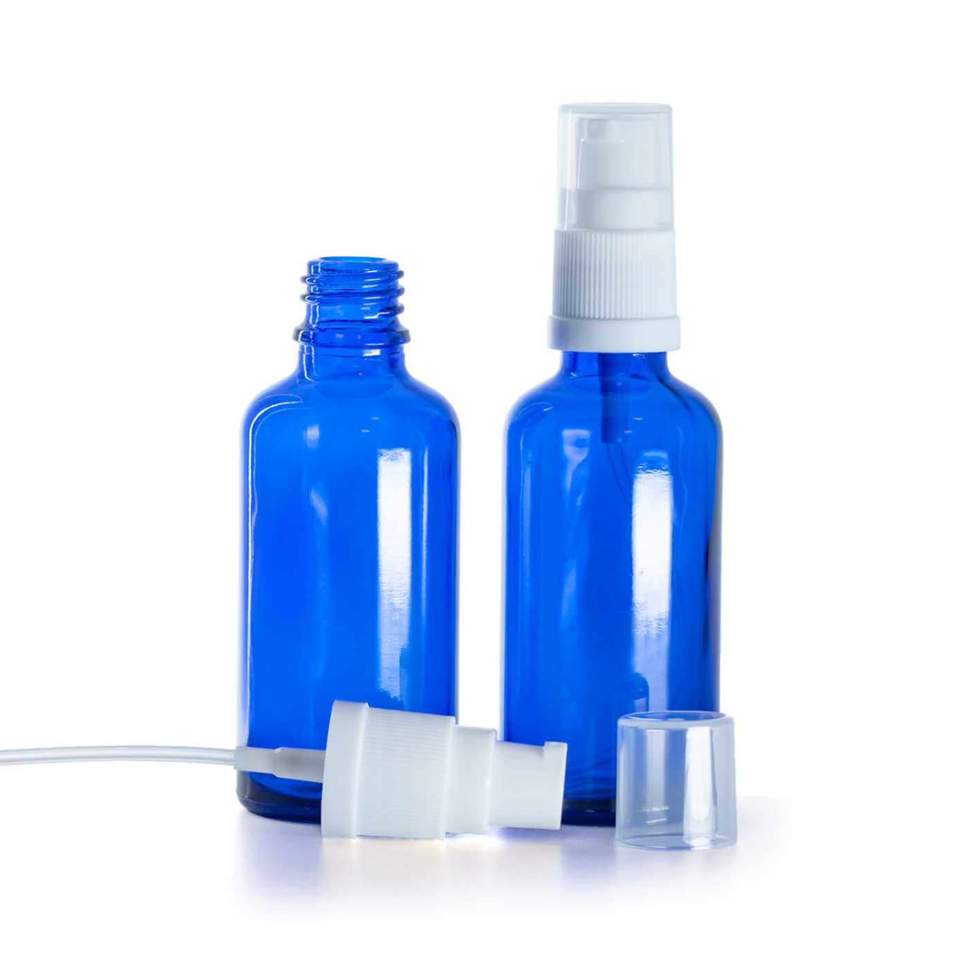 Blaue Glasflasche mit weißem Lotionpumpspender, 50 ml