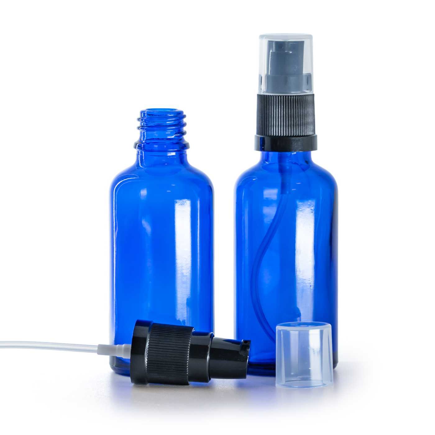 Modrá skleněná lahvička s dávkovačem krému 50 ml