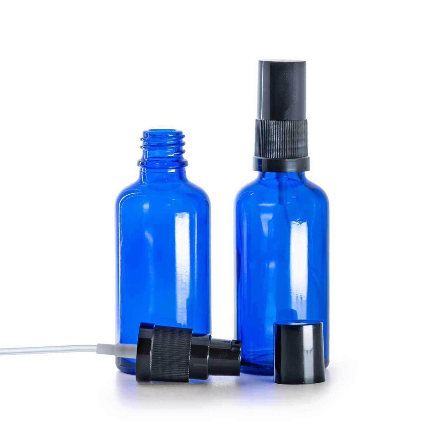 Blaue Glasflasche mit schwarzem Lotionpumpspender und schwarzer Kappe, 50 ml