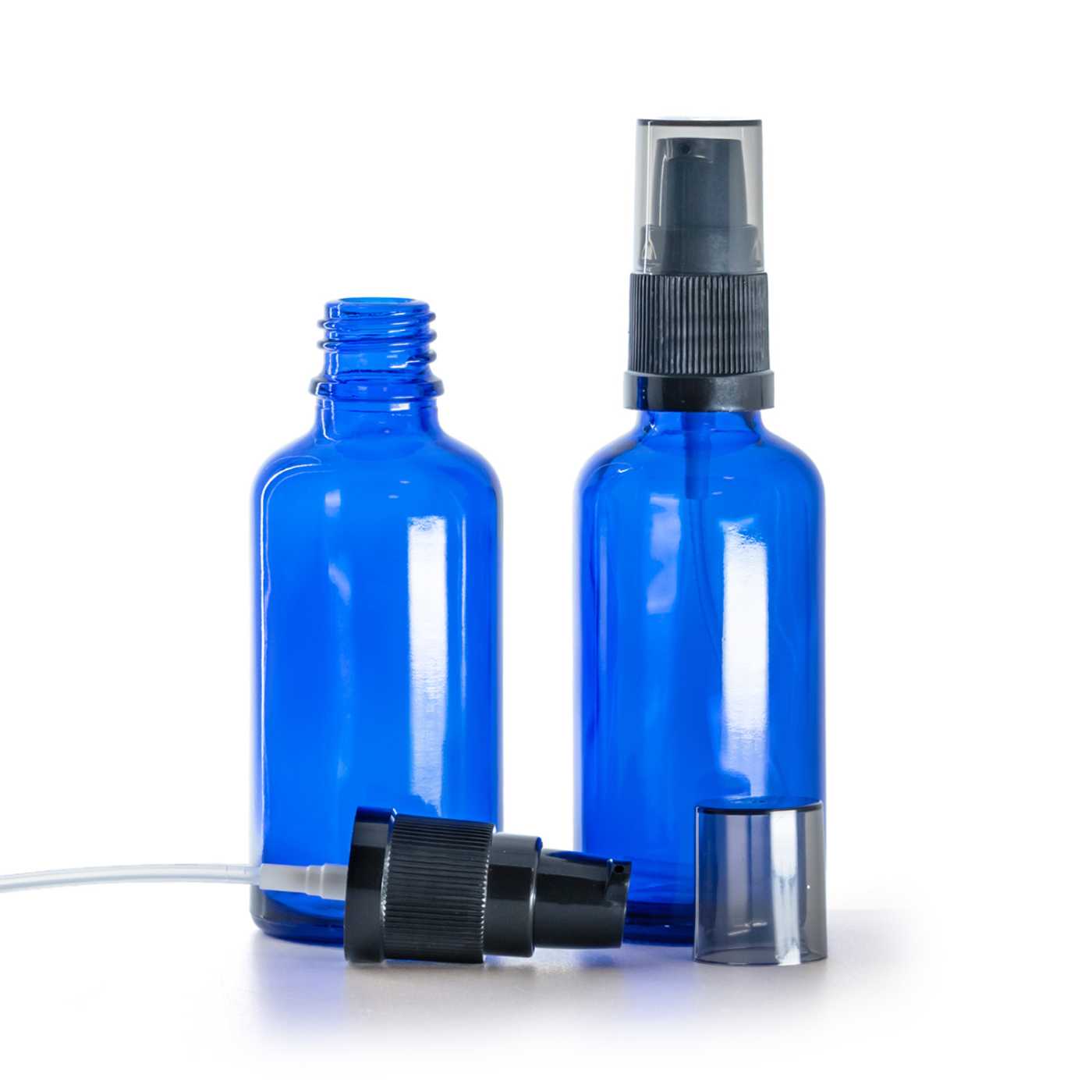 Butelka szklana, niebieska, pompka do kremów z przydymionym kapturkiem, 50 ml