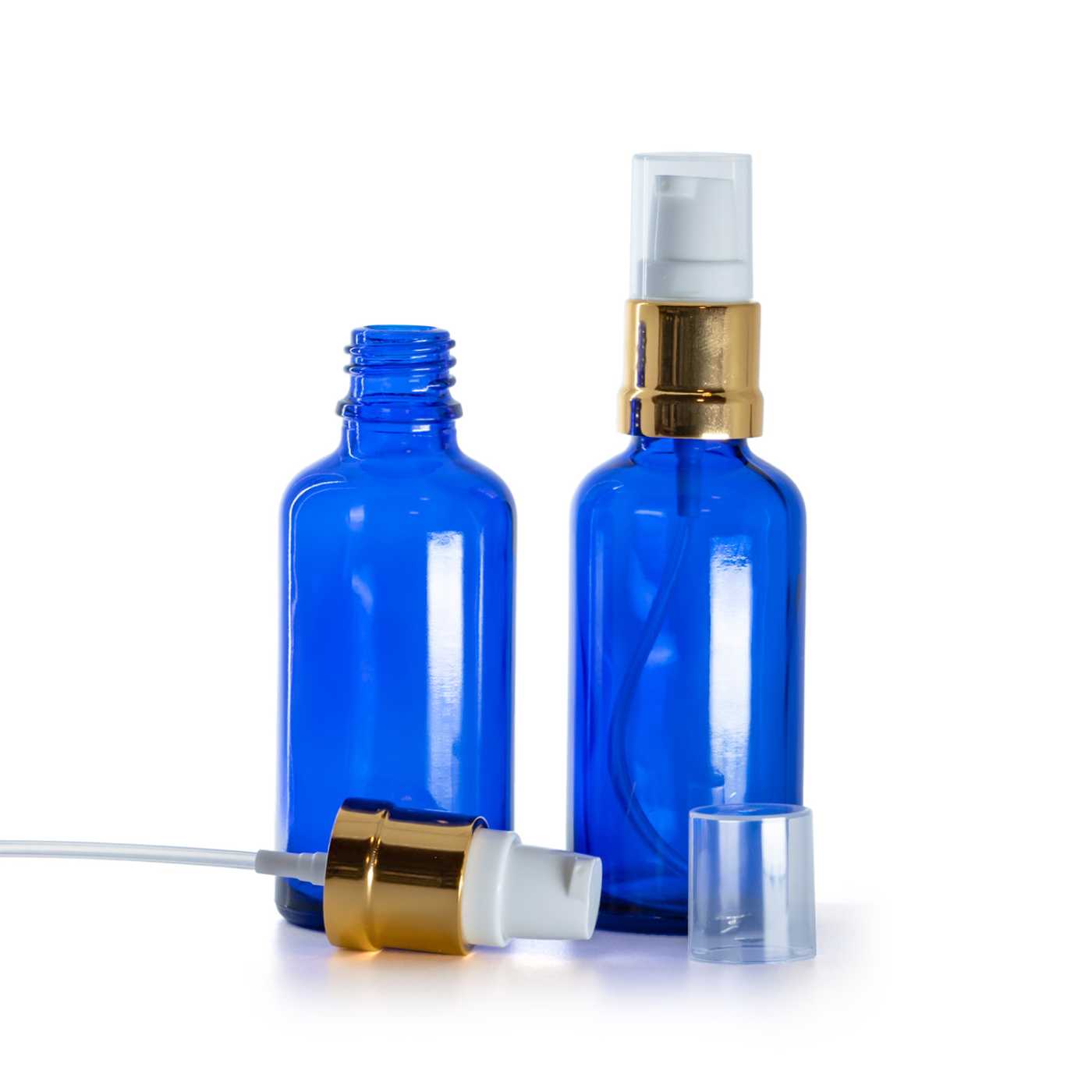Blaue Glasflasche mit glänzend weiß-goldenem Spender, 50 ml