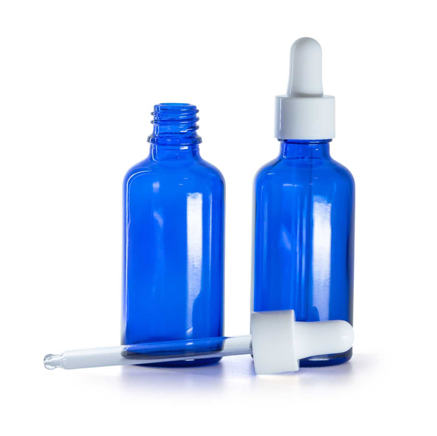 Blaue Glasflasche mit glänzender weißer Pipette, 50 ml