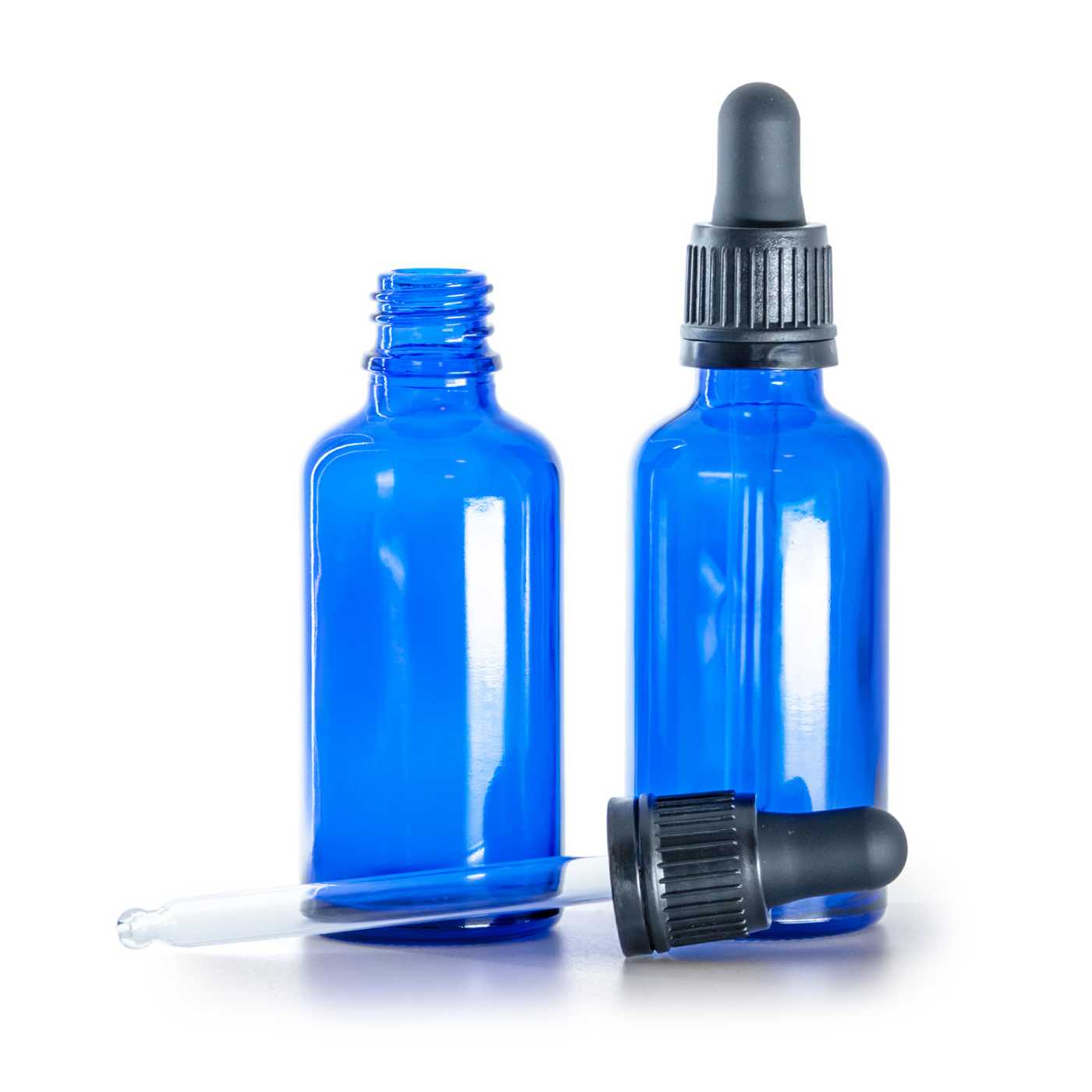 Blaue Glasflasche mit schwarzer Originalitäts-Pipette, 50 ml