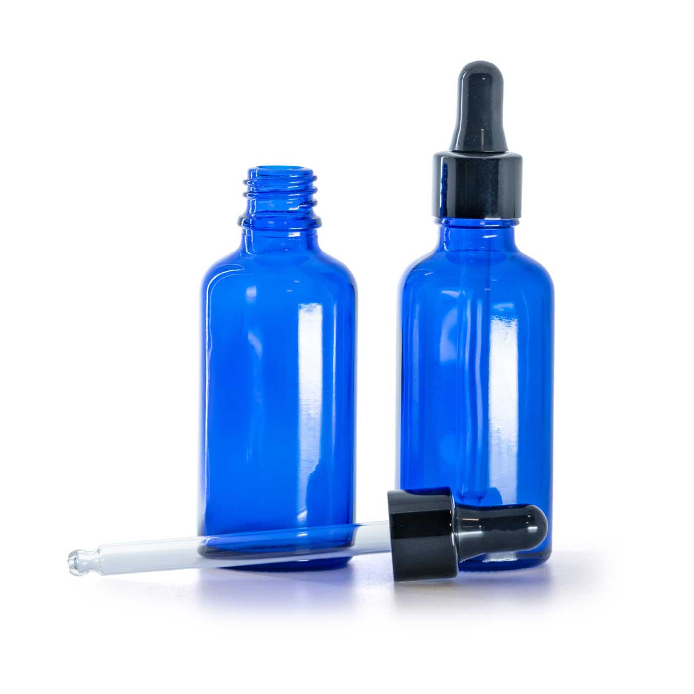 Blaue Glasflasche, glänzende schwarze Pipette, 50 ml