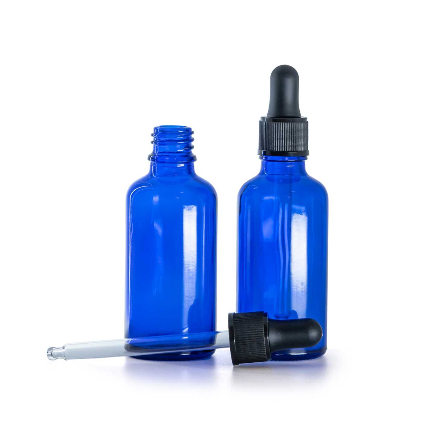 Blaue Glasflasche, matt schwarzer Tropfer, 50 ml