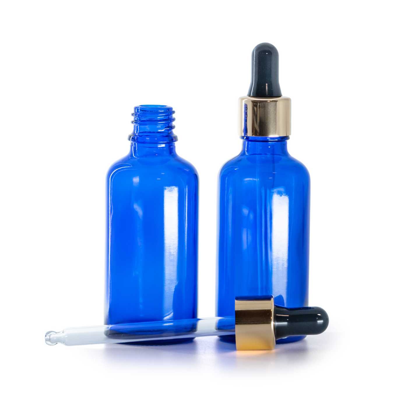 Blaue Glasflasche mit schwarz-goldener Pipette 50 ml