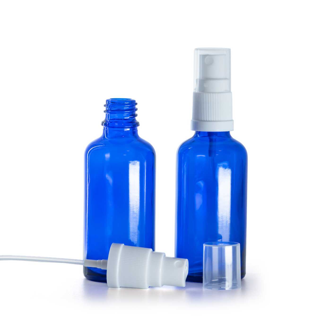 Butelka szklana, niebieska, biały atomizer, 50 ml
