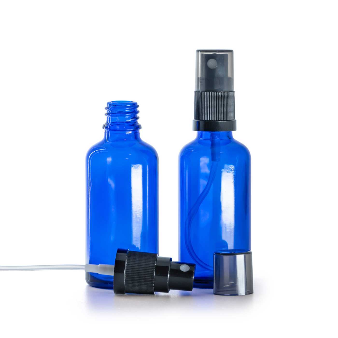 Butelka szklana, niebieska, czarny atomizer, przydymiona nakładka, 50 ml