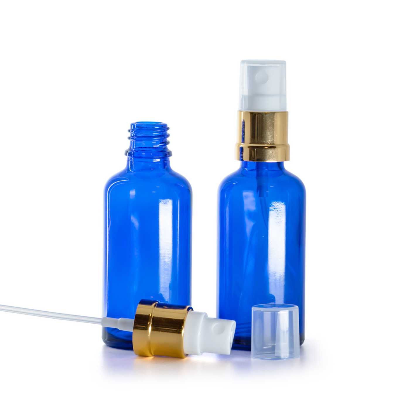 Butelka szklana, niebieska, biało-złoty atomizer, 50 ml