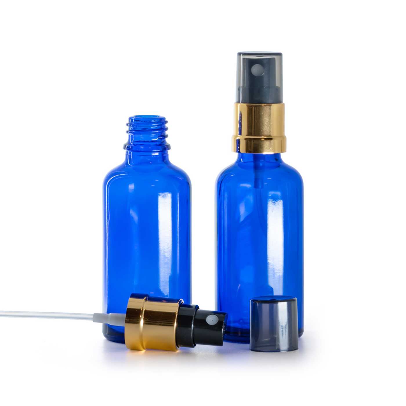 Butelka szklana, niebieska, czarno-złoty atomizer, przydymiona nakładka, 50 ml