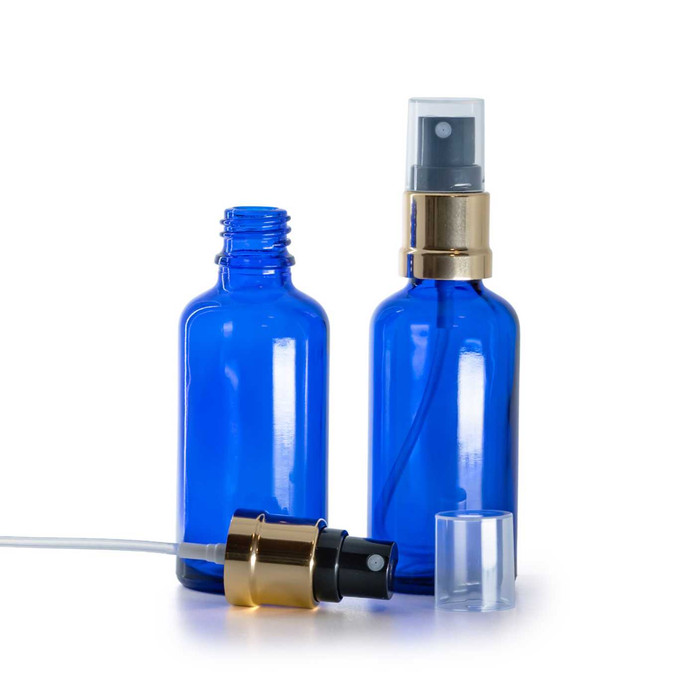 Butelka szklana, niebieska, czarno-złoty atomizer, 50 ml