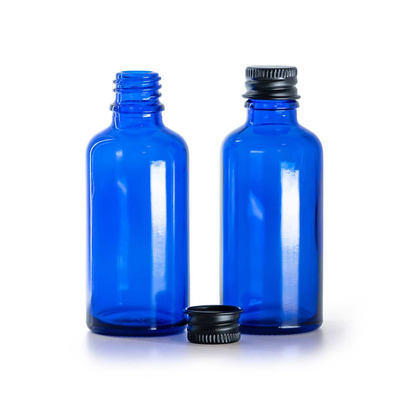 Butelka szklana, niebieska, czarna nakrętka aluminiowa, 50 ml